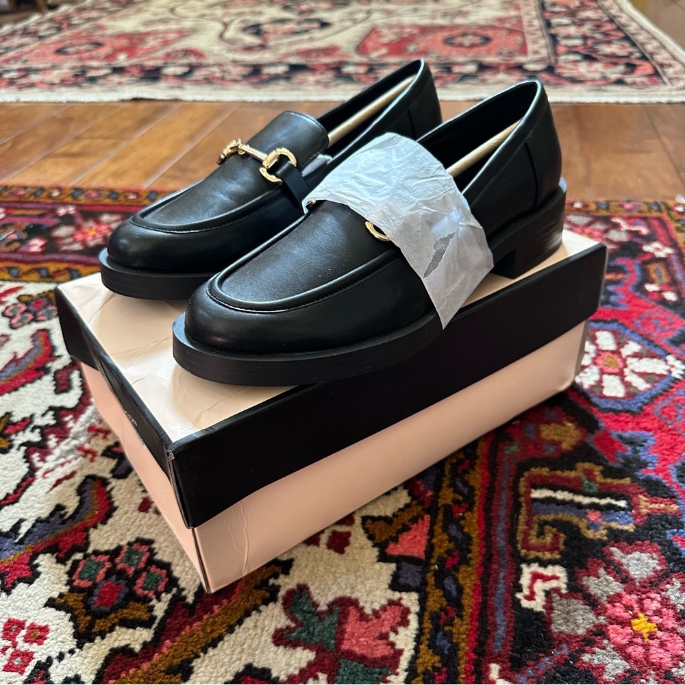 BCBG Black Leather Loafers with Gold Buckle - Picture 3 of 6